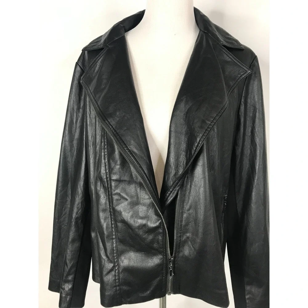 Chicos Jacket Womens Extra Large 3 Black Faux Leather Vegan Asymmetrical Moto